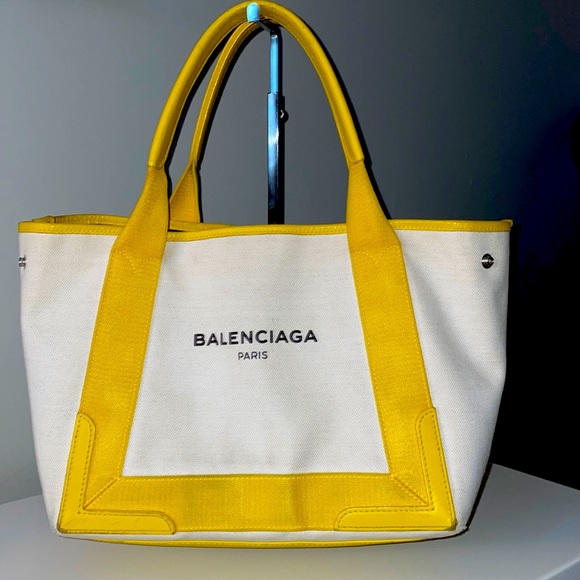 Authentic BALENCIAGA Caba S Hand Bag Canvas Leather White Yellow - Picture 2 of 16